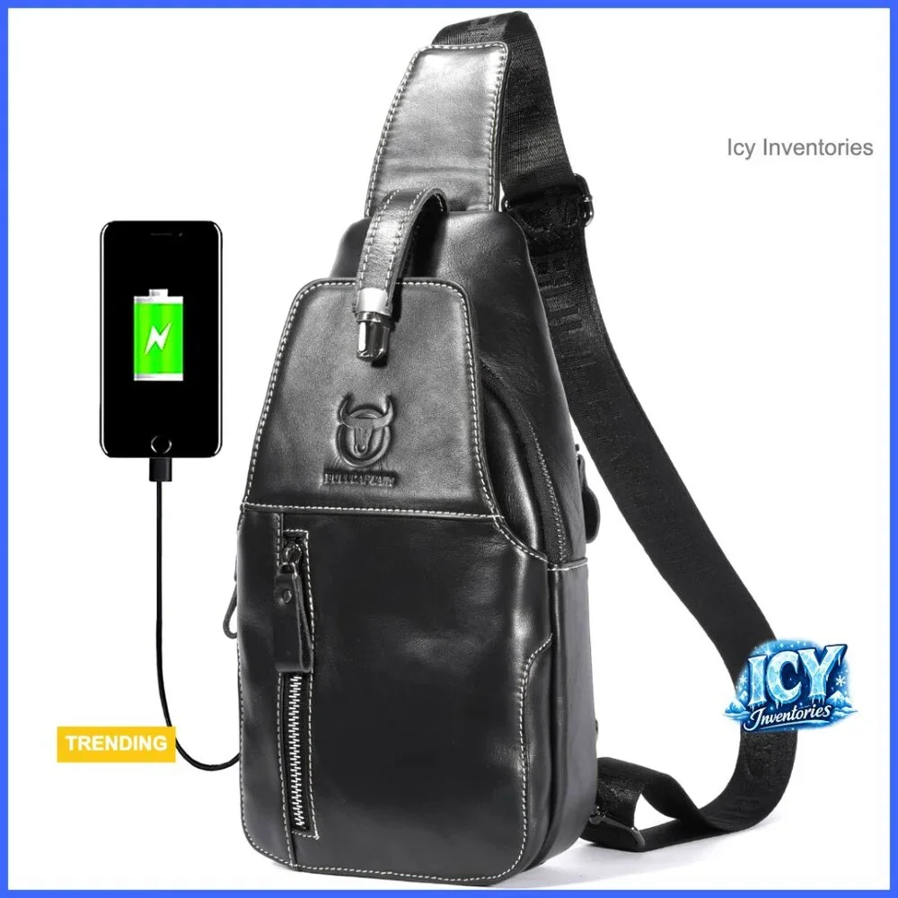 Genuine Leather Sling Bag Crossbody Backpack with USB Charging Port